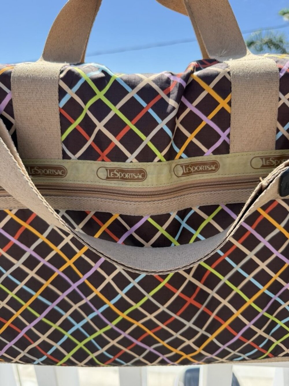 LeSportsac windowpane rainbow plaid crossbody duffle bag roomy logo travel